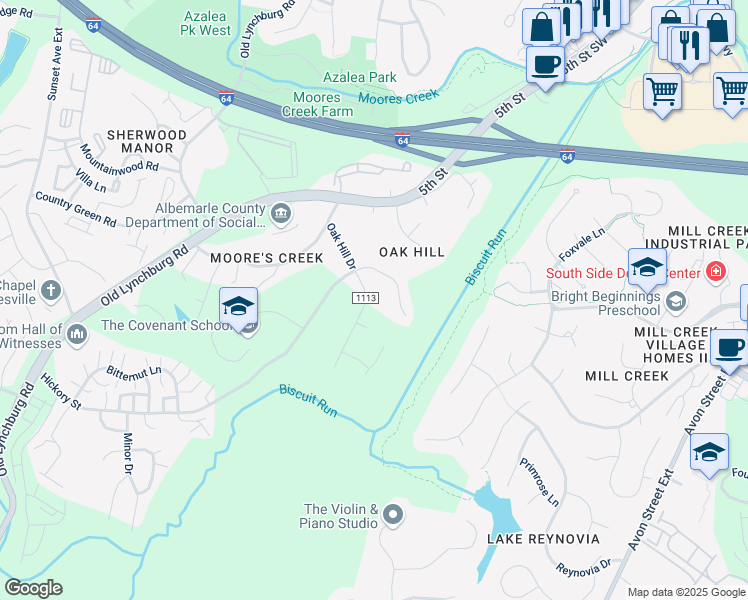 map of restaurants, bars, coffee shops, grocery stores, and more near 1203 Oak Hill Drive in Charlottesville