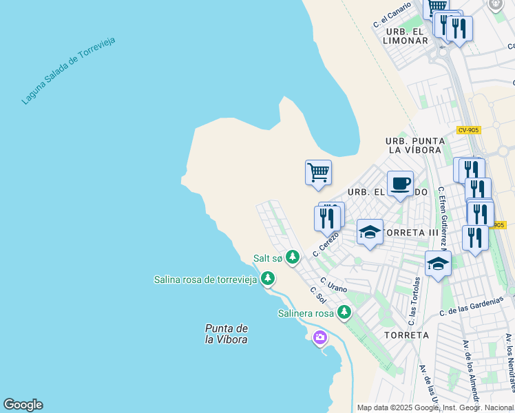 map of restaurants, bars, coffee shops, grocery stores, and more near 289 Calle Sol in Torrevieja