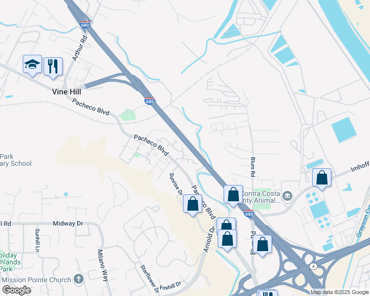 map of restaurants, bars, coffee shops, grocery stores, and more near 218 Ladybug Lane in Martinez