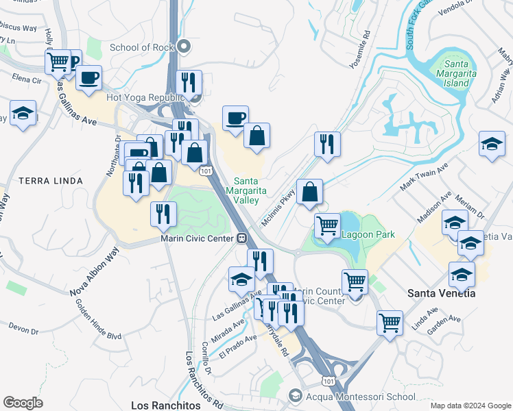 map of restaurants, bars, coffee shops, grocery stores, and more near 3900 Civic Center Drive in San Rafael
