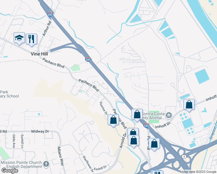map of restaurants, bars, coffee shops, grocery stores, and more near 218 Ladybug Lane in Martinez