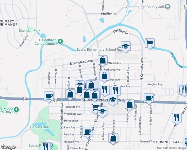 map of restaurants, bars, coffee shops, grocery stores, and more near 552 Stanley Avenue in Evansville