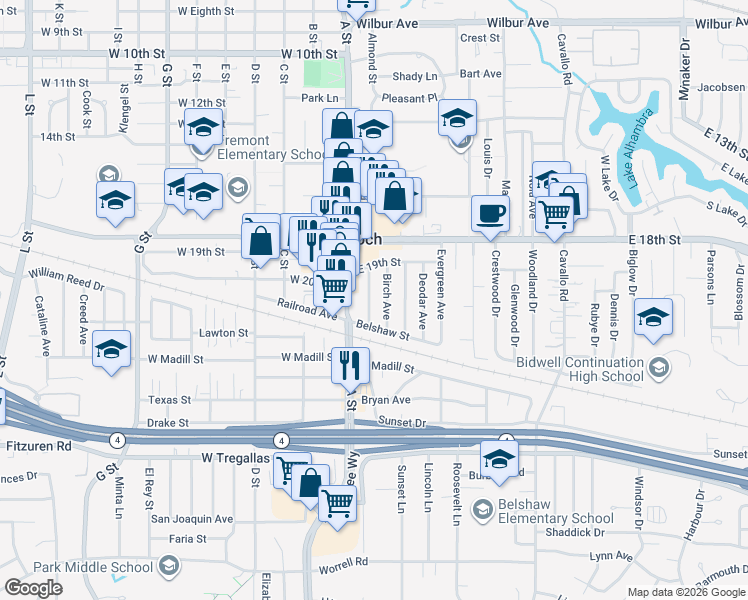 map of restaurants, bars, coffee shops, grocery stores, and more near 1931 Acacia Avenue in Antioch