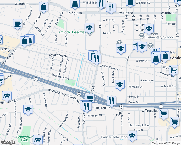 map of restaurants, bars, coffee shops, grocery stores, and more near 2204 L Street in Antioch