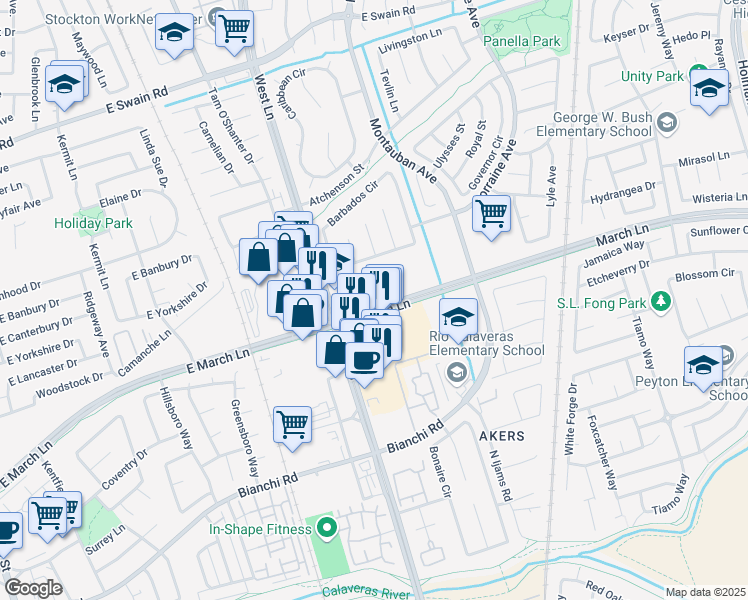 map of restaurants, bars, coffee shops, grocery stores, and more near 1540 East March Lane in Stockton