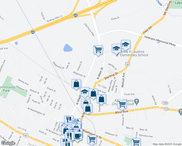 map of restaurants, bars, coffee shops, grocery stores, and more near 543 North Maple Street in Winchester
