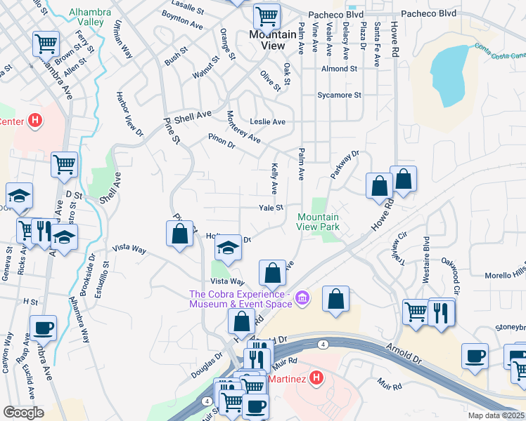 map of restaurants, bars, coffee shops, grocery stores, and more near 2445 Yale Street in Martinez