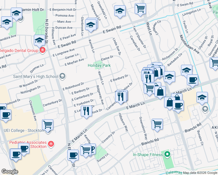 map of restaurants, bars, coffee shops, grocery stores, and more near 5408 Audrey Drive in Stockton
