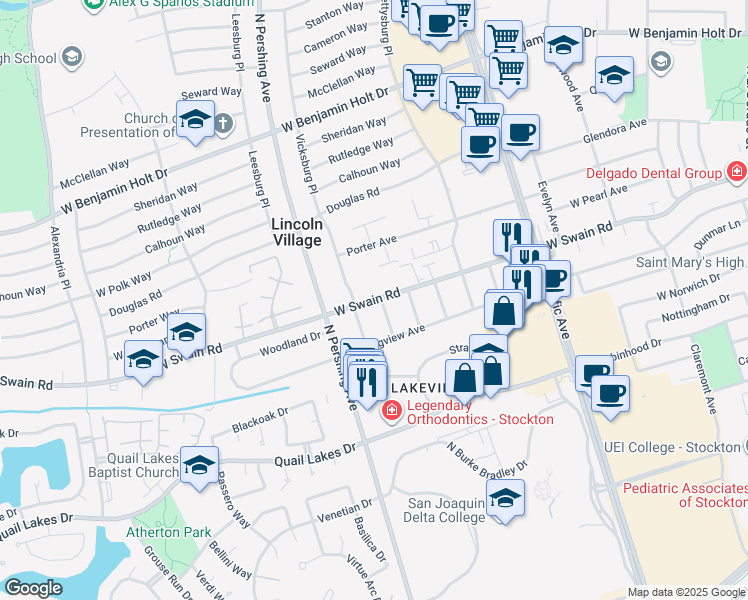 map of restaurants, bars, coffee shops, grocery stores, and more near 5955 Glen Street in Stockton