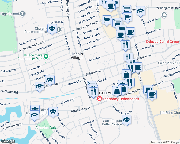 map of restaurants, bars, coffee shops, grocery stores, and more near 5971 Mitchler Avenue in Stockton