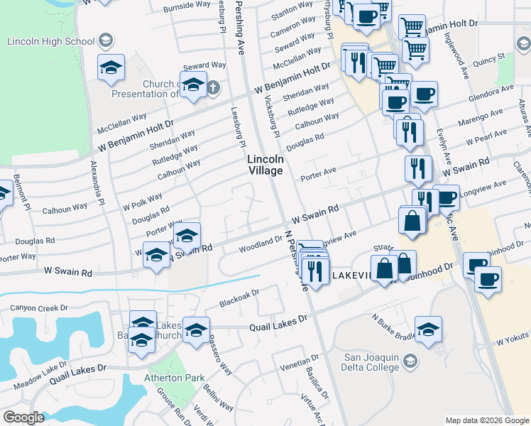 map of restaurants, bars, coffee shops, grocery stores, and more near 1405 West Swain Road in Stockton
