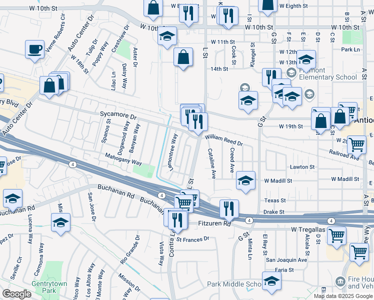 map of restaurants, bars, coffee shops, grocery stores, and more near 2204 L Street in Antioch
