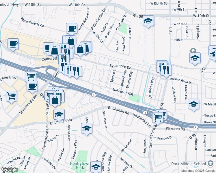 map of restaurants, bars, coffee shops, grocery stores, and more near 2405 Shadow Lane in Antioch