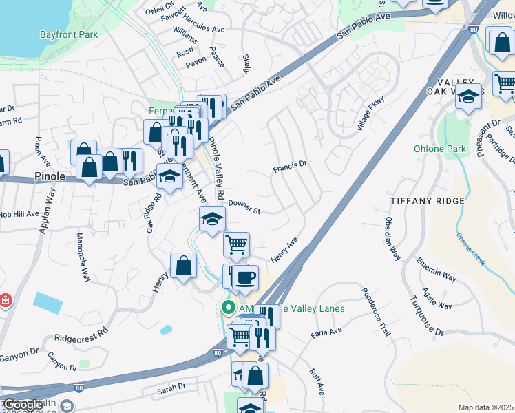 map of restaurants, bars, coffee shops, grocery stores, and more near 2543 Downer Street in Pinole