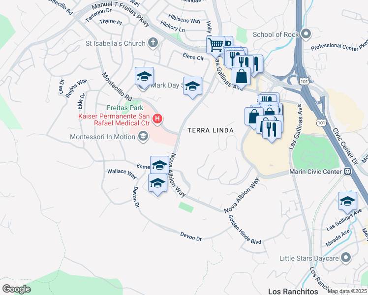 map of restaurants, bars, coffee shops, grocery stores, and more near 245 Nova Albion Way in San Rafael