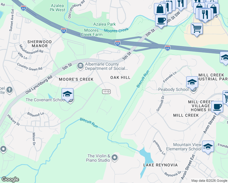 map of restaurants, bars, coffee shops, grocery stores, and more near 1203 Oak Hill Drive in Charlottesville