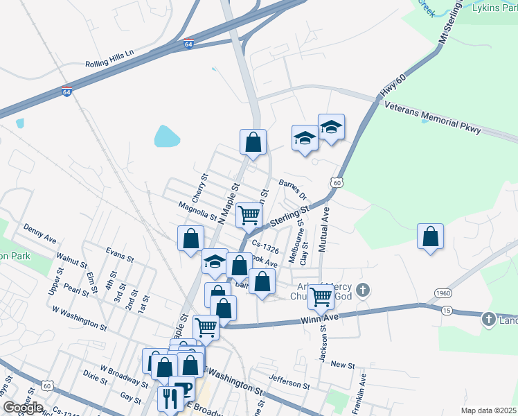map of restaurants, bars, coffee shops, grocery stores, and more near 515 North Main Street in Winchester