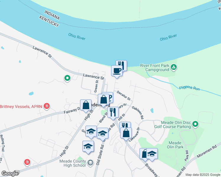 map of restaurants, bars, coffee shops, grocery stores, and more near 316 Main Street in Brandenburg