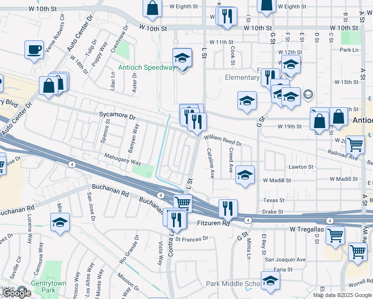 map of restaurants, bars, coffee shops, grocery stores, and more near 2123 Peppertree Way in Antioch