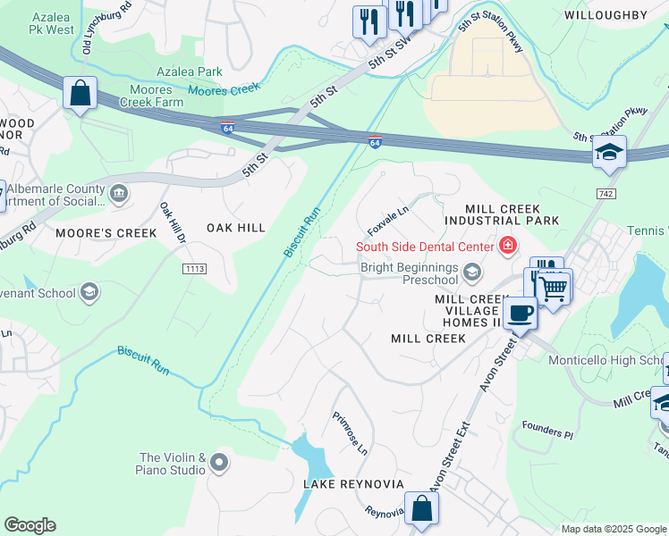 map of restaurants, bars, coffee shops, grocery stores, and more near 197 Fox Horn Lane in Charlottesville