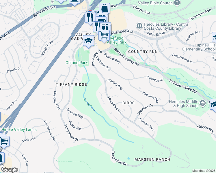 map of restaurants, bars, coffee shops, grocery stores, and more near 1861 Pheasant Drive in Hercules