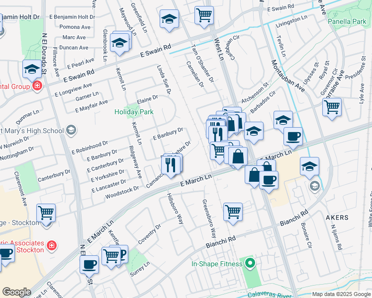 map of restaurants, bars, coffee shops, grocery stores, and more near 856 East Yorkshire Drive in Stockton