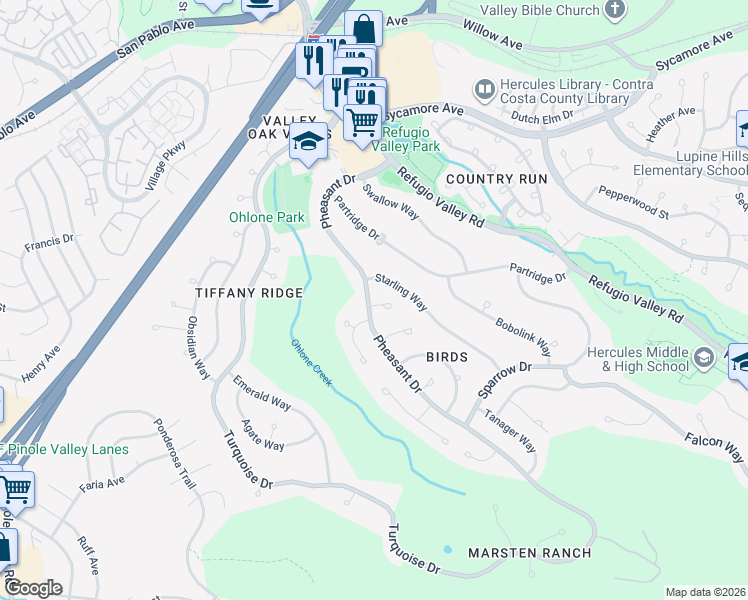 map of restaurants, bars, coffee shops, grocery stores, and more near 1861 Pheasant Drive in Hercules