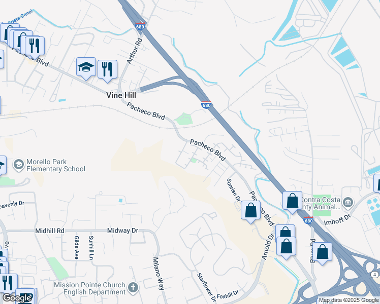 map of restaurants, bars, coffee shops, grocery stores, and more near 663 Falling Star Drive in Martinez
