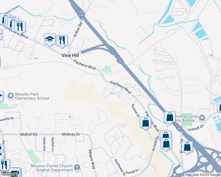 map of restaurants, bars, coffee shops, grocery stores, and more near 663 Falling Star Drive in Martinez