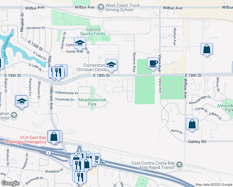 map of restaurants, bars, coffee shops, grocery stores, and more near 1841 Venice Lane in Antioch