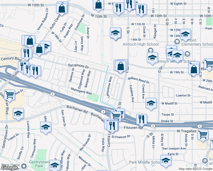 map of restaurants, bars, coffee shops, grocery stores, and more near 2208 Lemontree Way in Antioch