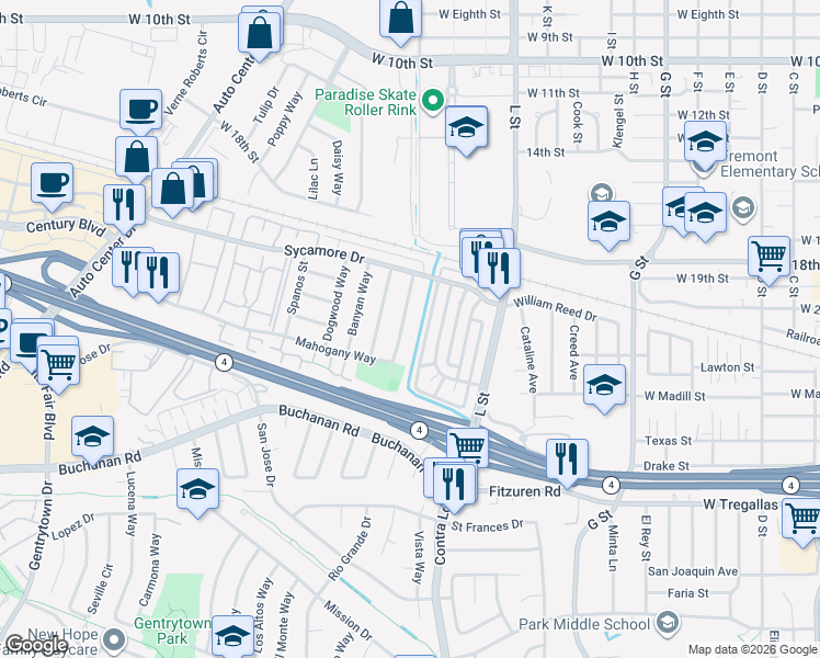 map of restaurants, bars, coffee shops, grocery stores, and more near 2217 Manzanita Way in Antioch