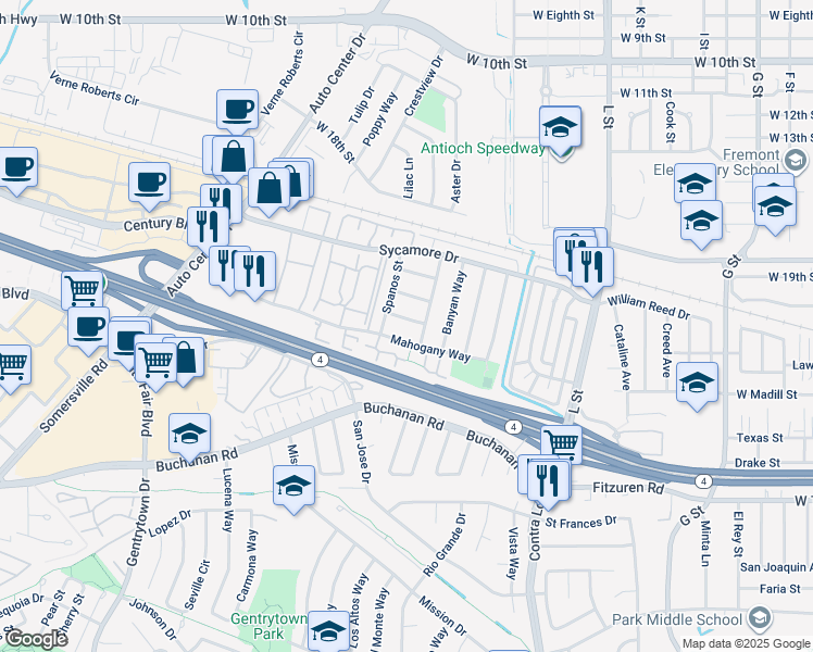 map of restaurants, bars, coffee shops, grocery stores, and more near 1713 Springwood Way in Antioch