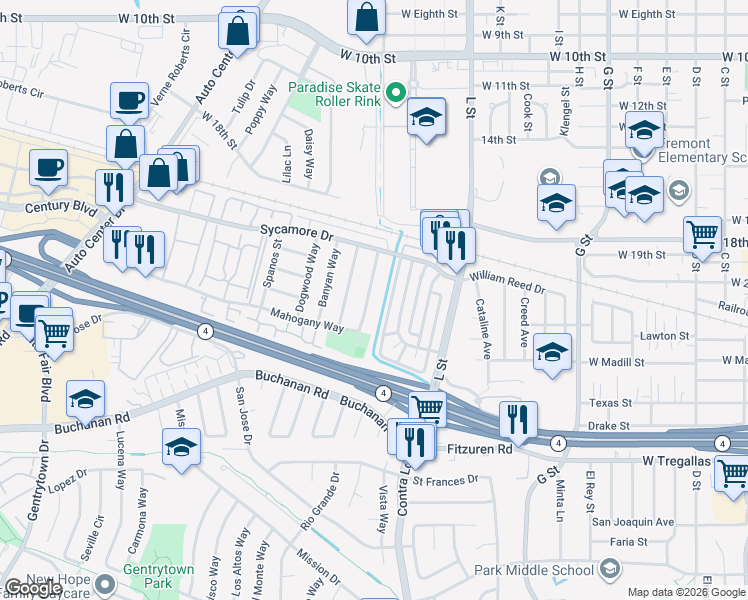 map of restaurants, bars, coffee shops, grocery stores, and more near 2217 Manzanita Way in Antioch