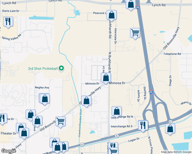 map of restaurants, bars, coffee shops, grocery stores, and more near 2740 Shady Hollow Trail in Evansville