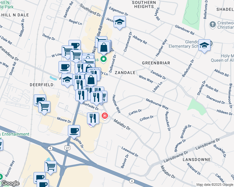map of restaurants, bars, coffee shops, grocery stores, and more near 209 Melbourne Way in Lexington