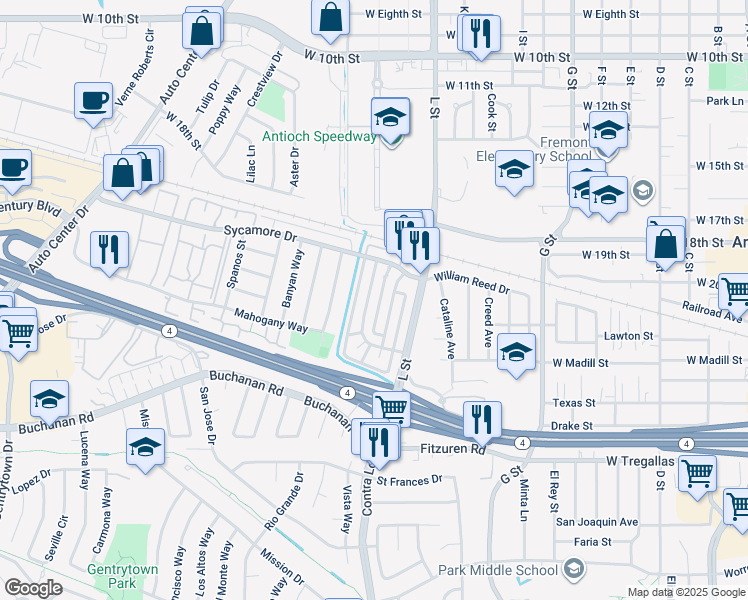map of restaurants, bars, coffee shops, grocery stores, and more near 2205 Lemontree Way in Antioch