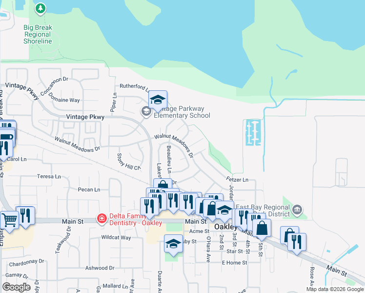 map of restaurants, bars, coffee shops, grocery stores, and more near 321 Lakespring Place in Oakley