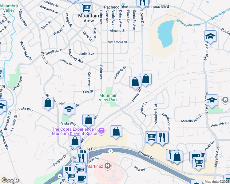 map of restaurants, bars, coffee shops, grocery stores, and more near 205 North Park Court in Martinez
