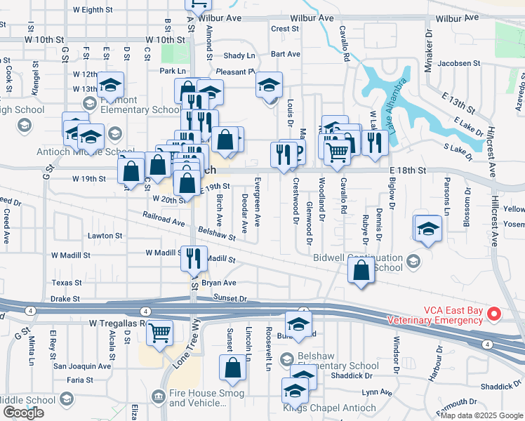map of restaurants, bars, coffee shops, grocery stores, and more near 1927 Evergreen Avenue in Antioch