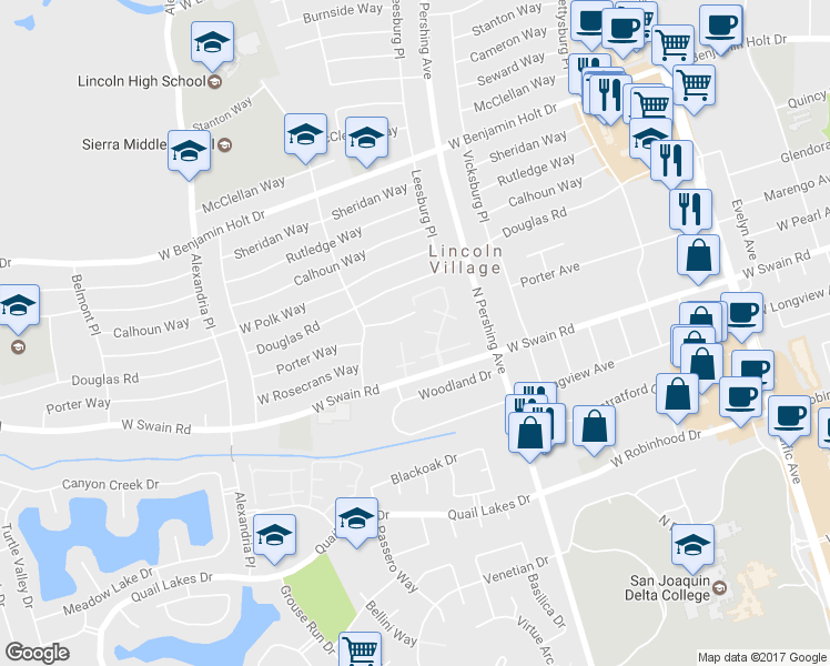 map of restaurants, bars, coffee shops, grocery stores, and more near 1605 West Swain Road in Stockton