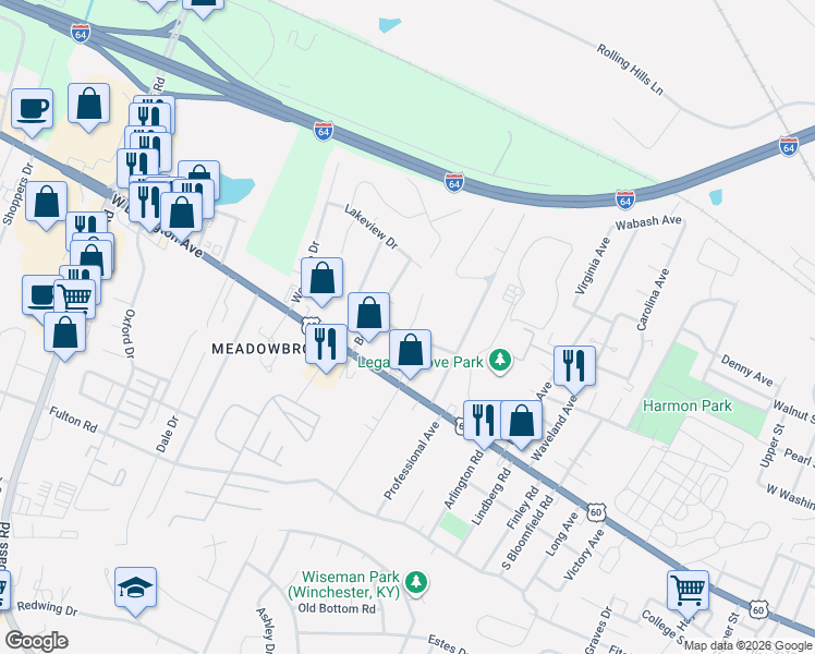map of restaurants, bars, coffee shops, grocery stores, and more near 125 Andover Drive in Winchester