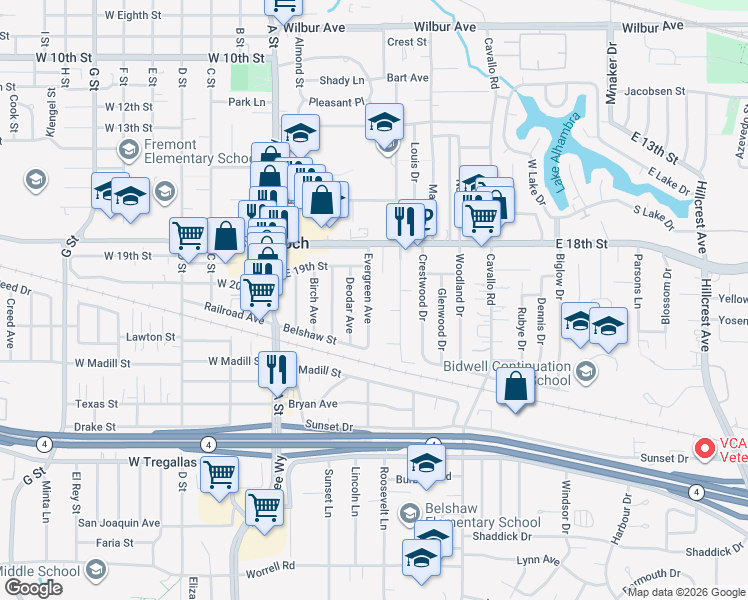 map of restaurants, bars, coffee shops, grocery stores, and more near 1927 Evergreen Avenue in Antioch
