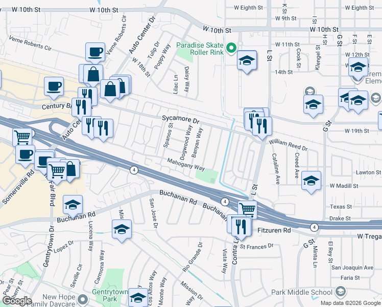 map of restaurants, bars, coffee shops, grocery stores, and more near 2306 Banyan Way in Antioch