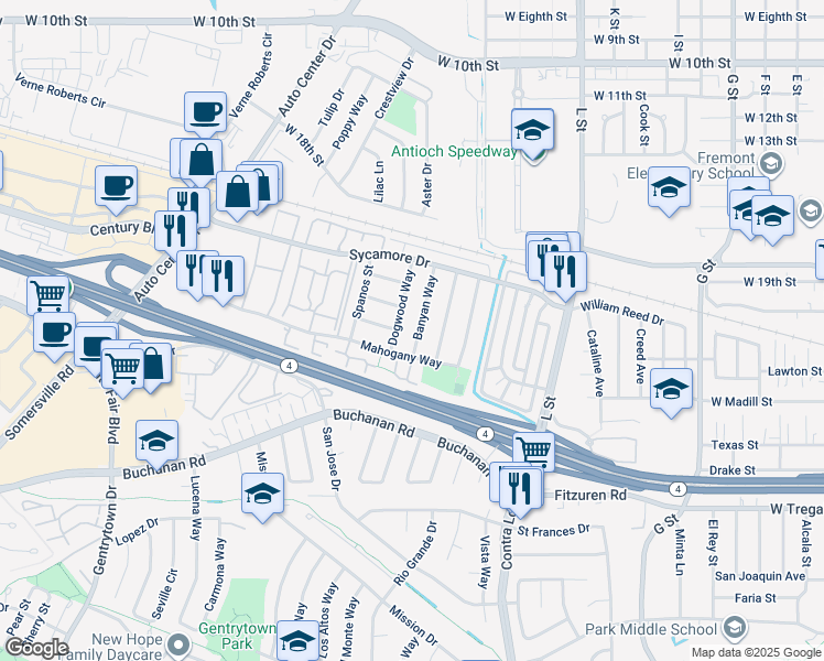 map of restaurants, bars, coffee shops, grocery stores, and more near 2306 Banyan Way in Antioch