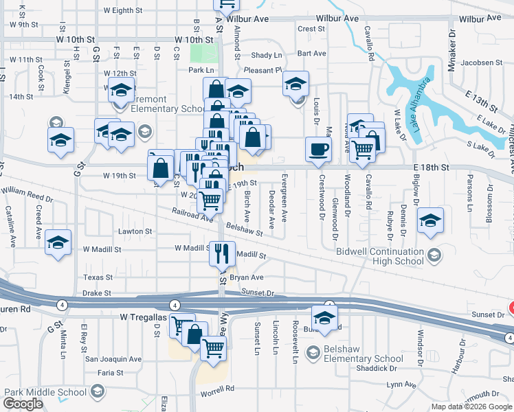 map of restaurants, bars, coffee shops, grocery stores, and more near 1928 Chestnut Avenue in Antioch