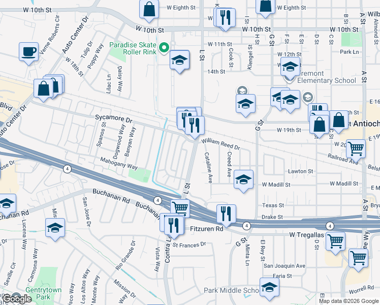 map of restaurants, bars, coffee shops, grocery stores, and more near 2204 L Street in Antioch