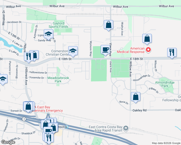 map of restaurants, bars, coffee shops, grocery stores, and more near 1917 Geneva Lane in Antioch