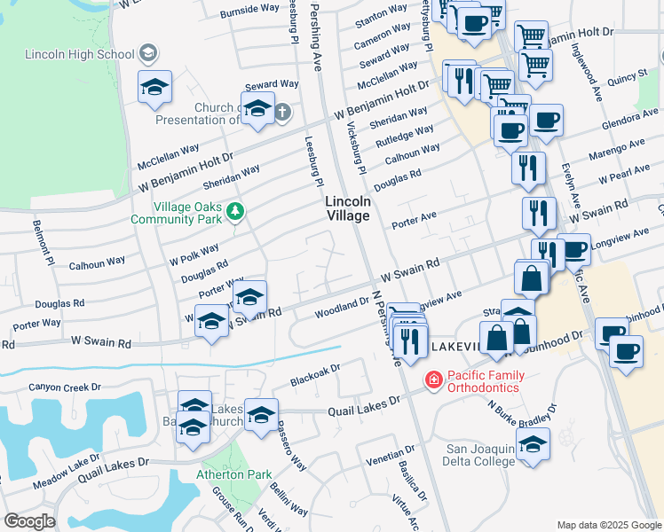 map of restaurants, bars, coffee shops, grocery stores, and more near 1443 West Swain Road in Stockton