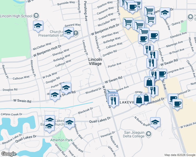 map of restaurants, bars, coffee shops, grocery stores, and more near 1430 West Swain Road in Stockton